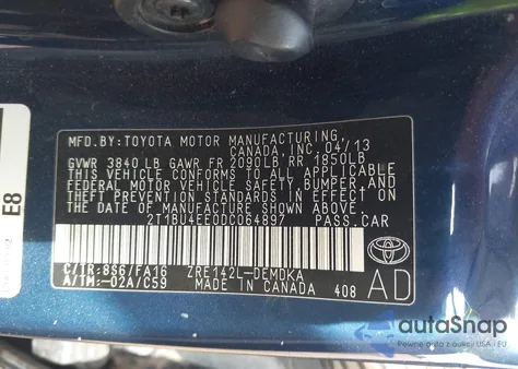 2013 Toyota Corolla L from USA, damaged, VIN 2T1BU4EE0DC064897